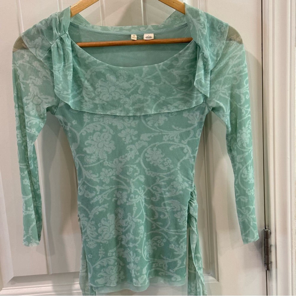 Moth Sheer Mesh Floral Top Womens Small Green Ruched Tie Long Sleeve - Picture 3 of 10